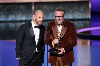 Los Angeles, CA   September 14, 2025 Seth Rogen, right, and Evan Goldberg accept the award for outstanding directing in a comedy series for "The Studio" during the show at the 77th Primetime Emmy Awards at the Peacock Theater in Los Angeles, CA, Sunday, Sept. 14, 2025. (Myung J. Chun / Los Angeles Times via Getty Images)