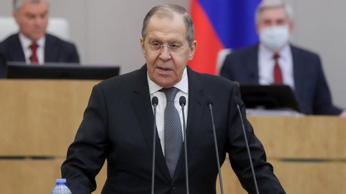 FILE In this handout photo released by The State Duma, The Federal Assembly of The Russian Federation Press Service, Russian Foreign Minister Sergey Lavrov addresses the State Duma, the Lower House of the Russian Parliament in Moscow, Russia, Wednesday, Jan. 26, 2022.