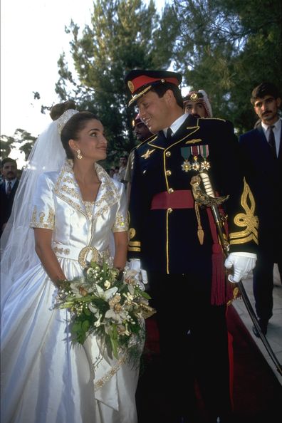 Prince Abdullah and Princess Rania of Jordan on their wedding day, June 10 1993. They are now King Abdullah II and Queen Rania. Rania wore a Bruce Oldfield gown.