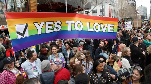 The crowd rallied in support of a 'yes' vote in the upcoming marriage equality postal survey. (AAP)