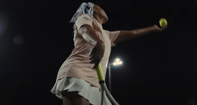 A frame from the King Richard trailer showing Ayan Broomfield as Venus Williams.