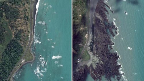 Before and after shots showing the coastline north of Kaikoura.