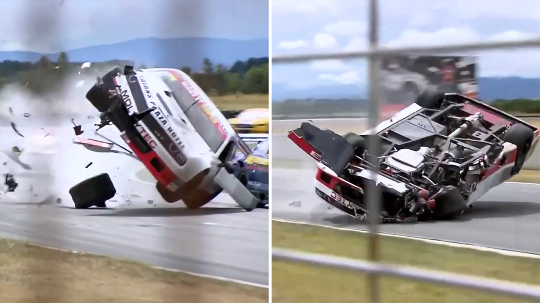 The car of James Simpson crashing onto its roof.