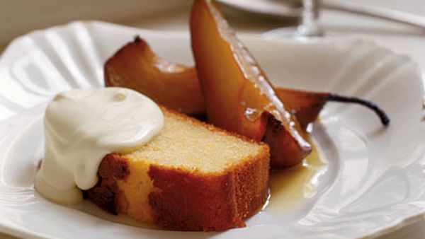 Olive oil and sauternes cake with roast pears