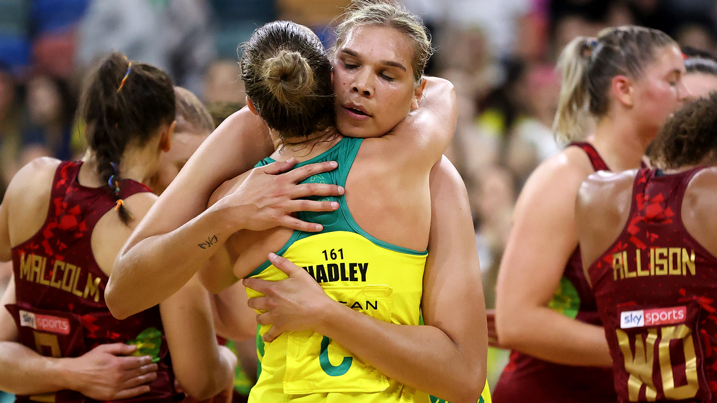 Australia&#x27;s Donnell Wallam and Paige Hadley at full time during game one of the 2022 International Test series between the Australia Diamonds and England Roses.