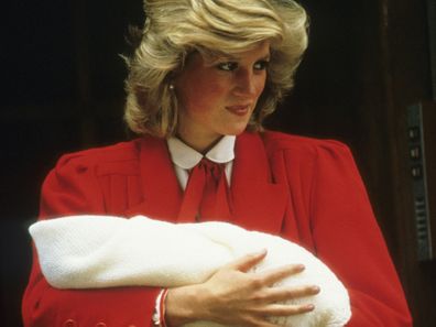 LONDON, UNITED KINGDOM - September 16:  Princess Diana with the newly born Prince Harry outside the Lindo Wing on September 16, 1984.  (Photo by Georges De Keerle/Getty Images)