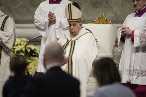 Pope Francis presides over Christmas eve Mass, at St. Peter's Basilica at the Vatican, Sunday Dec. 24, 2023 