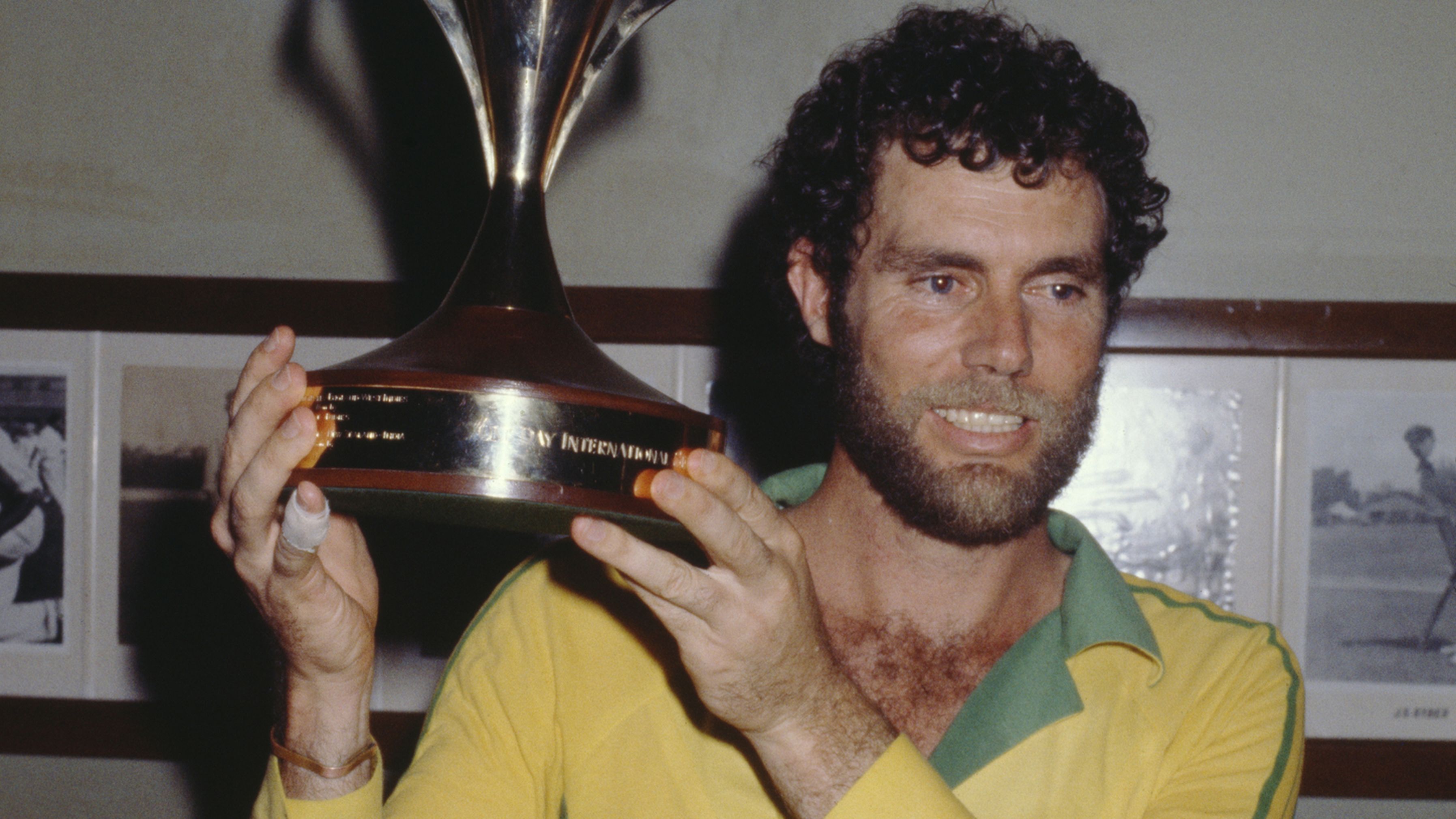 Greg Chappell holding the World Series Cup after Australia beat New Zealand at the SCG in 1981.