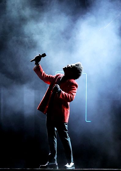 The Weeknd performs during the Pepsi Super Bowl LV Halftime Show at Raymond James Stadium on February 07, 2021 in Tampa, Florida. (Photo by Kevin C. Cox/Getty Images)